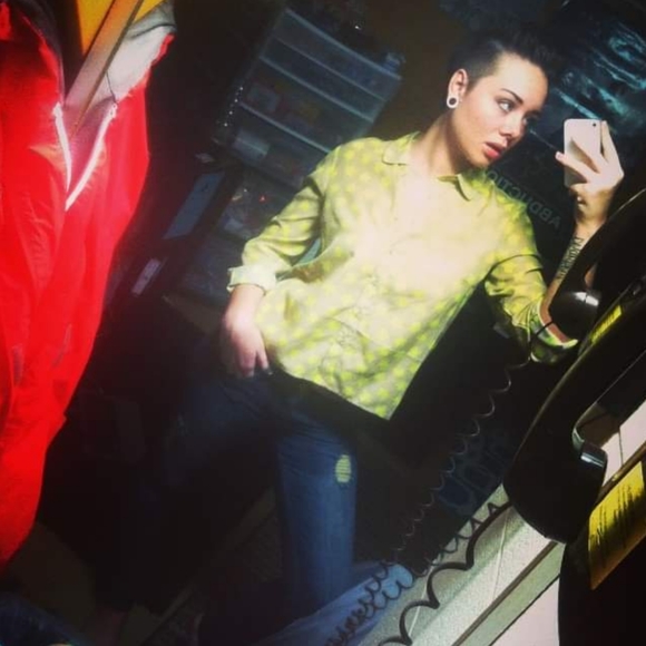 Hello Kitty • Y2k Sheer Nude Button Front Blouse Neon Green Small Graphic - Picture 4 of 6